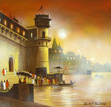 Door Paintings, Banaras Ghat, Andrew Loomis, Paintings Tutorials, Vedic Art, Canvas Easy, Watercolor Paintings Tutorials, Indian Paintings, Painting Landscape