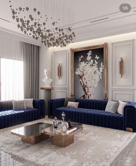 Luxury Living Room Designs Classy, Blue And Gold Living Room, Classic Living Room Design, Classy Living Room, Blue Living Room Decor, Latest Living Room Designs, Home Hall Design, Gold Living Room, Luxury Living Room Design