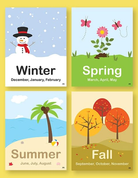 Seasons Chart Preschool Free Printable, Seasons Classroom Display, Season Posters Preschool, Season Printables Preschool, Four Seasons For Kids Learning, Seasons Posters Classroom, Months Name Chart For Kids, The Four Seasons Worksheets, Seasons Flashcards Free Printable