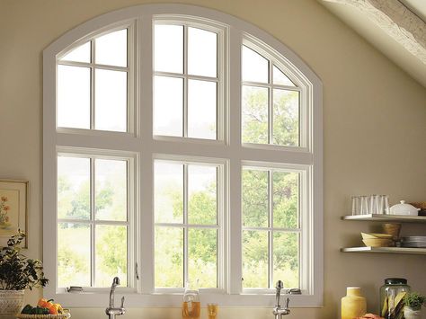 Marvin Arched Casement Windows come in over 60 different round top shapes for design flexibility and are also offered in larger sizes for grander views. Green Country Kitchen, Marvin Windows And Doors, Marvin Windows, Traditional Windows, Flat Panel Cabinets, Window Replacement, Transitional House, Windows Exterior, Wood Windows