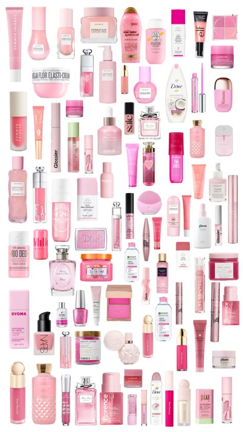 #pink#makeup#skincare#perfum#pretty Pink And White Skincare, Makeup Shuffles, Preppy Makeup Shuffles, Preppy Skincare/makeup, Makeup Collage, Pink Products, Everyday Eye Makeup, Pink Makeup Collection Aesthetic, Preppy Makeup