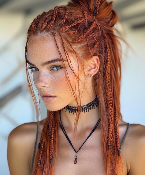 Ginger Boho Feather Loop Braids 🍂🌻 Braided Loops Hairstyle, Viking Braids Female, Redhead Braid, Long Hair Braids, Ginger Braids, Ginger Color, Diy Hair Color, Bella Hair, Dreadlock Styles