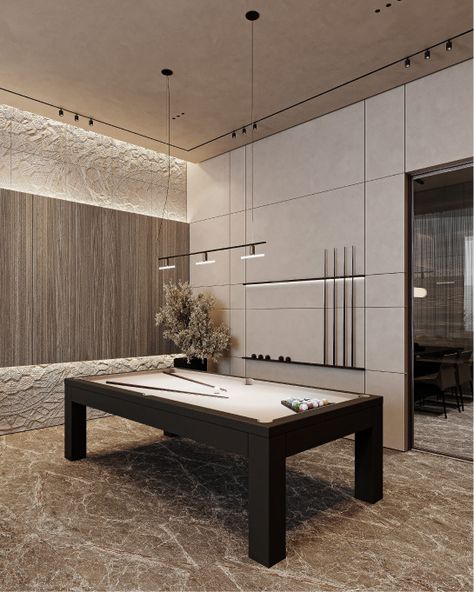 Modern Functional Villa on Behance Modern Pool Table Room, Modern Billiard Room, Billiard Room Design, Pool Table Design, Modern Game Room, Modern Pool Table, Snooker Room, Entertainment Room Design, Pool Table Room