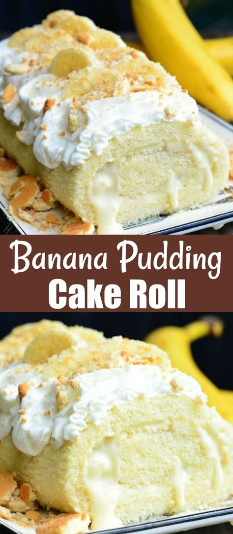 Soft, delicious cake roll that's rolled with homemade banana pudding, vanilla wafer crumbs and fresh bananas inside, then topped with whipped cream, bananas and vanilla wafer crumbs. #banana #bananapudding #pudding #cakeroll #cake #dessert Jelly Rolls Recipe, Pudding Vanilla, Holiday Candy Recipes, Will Cook For Smiles, Whipped Cream Cakes, Banana Treats, Banana Pudding Cake, Vanilla Wafer, Homemade Banana Pudding