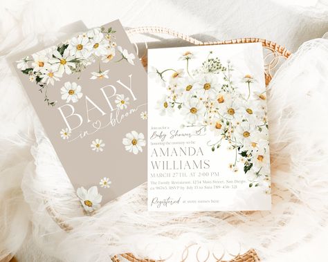 Editable Baby in Bloom Baby Shower Invitation , Floral Daisy Baby Shower Invite, Spring Wildflower Baby Shower Invitation Template Beige Palette, Daisy Baby Shower, Wildflower Baby Shower, Baby In Bloom, Spring Wildflowers, Bloom Baby, Invitation Floral, Flower Invitation, Invitation Baby Shower