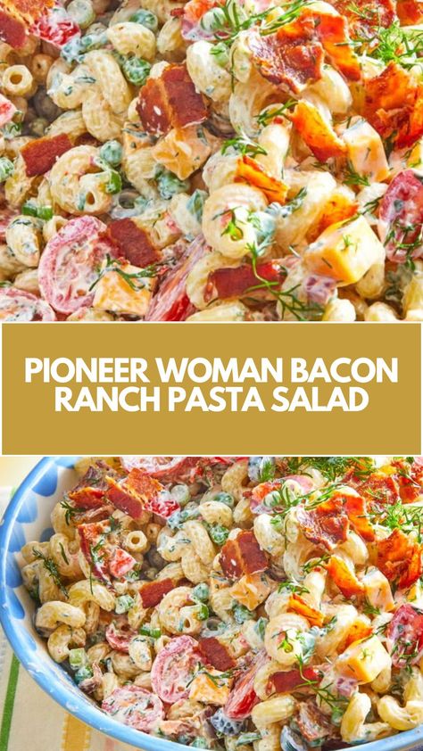 This easy and creamy Pioneer Woman Bacon Ranch Pasta Salad is a delicious, quick salad perfect for any occasion. With crispy bacon, fresh veggies, and a tangy ranch dressing, it’s customizable with whatever ingredients you have on hand. Serve it chilled for a refreshing, crowd-pleasing treat! Pasta Salad Recipes Bacon Ranch, Pasta Salad Recipes For A Crowd, Ranch Pasta Salad Recipes, Pot Luck Dishes For A Crowd, Christmas Pasta Salad, Pioneer Woman Pasta, Ranch Salad Recipes, Pasta Salad With Bacon, Potluck Salads