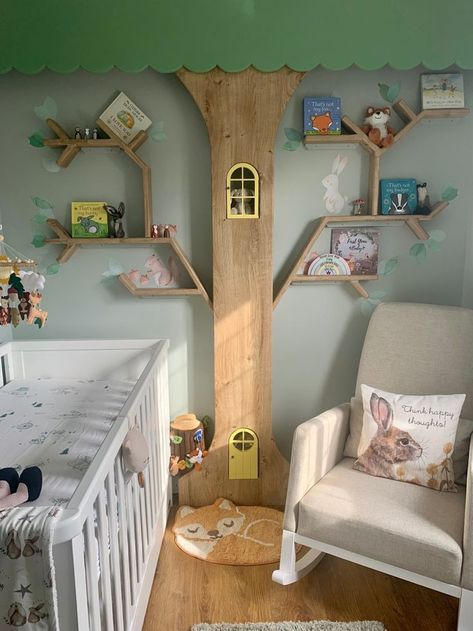 Treehouse Nursery Theme, Tree Book Shelf Nursery, Tree Shaped Bookshelf, Nursery Tree Bookshelf, Rainforest Baby Nursery, Tree Bookshelf Nursery, Diy Tree Bookshelf, Tree Bookshelf Diy, Tree In Nursery