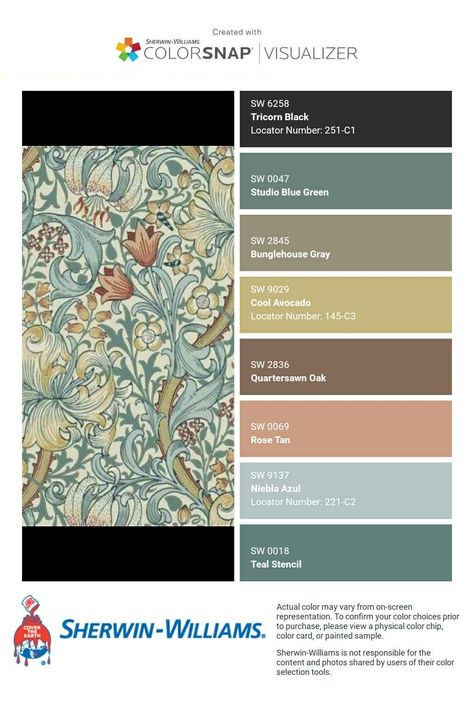 Southern Home Paint Color Palette, Modern Tuscan Color Palette, Edwardian Colours Palette, William Morris Paint Colors, Southern Home Color Palette, William Morris Color Palette, Tuscan Color Palette, British Cottage Interior, Sherwin Williams Color Schemes