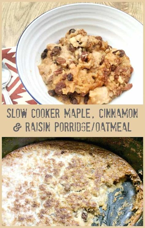 Slow Cooker Maple, Cinnamon and Raisin Porridge/Oatmeal - warm up this fall and winter with a delicious and wholesome bowl of porridge or oatmeal baked overnight in your slow cooker with maple syrup, cinnamon and raisins via @bakingqueen74 Slow Cooker Porridge Overnight, Slow Cooker Porridge, Slow Cooker Oats, Oatmeal Baked, Slow Cooker Oatmeal, Vegan Slow Cooker, Slow Cooker Breakfast, Breakfast Meals, Porridge Recipes