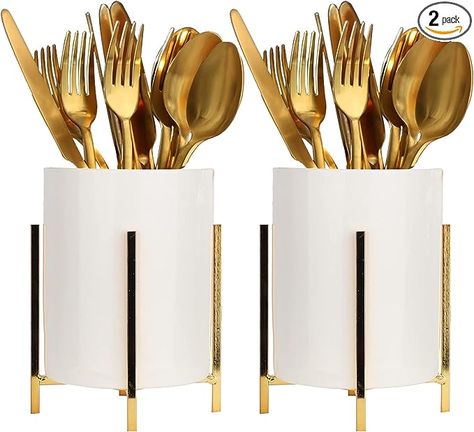 Amazon.com - 2pcs Sturdy Cutlery Holder White Ceramic With Metal Bracket Robust Silverware Caddy For Countertop - Spoon Holder Silverware Caddy(5.9 - 3.9inch) Silverware Caddy, Flatware Holder, Flatware Caddy, Silverware Organization, Ceramic Utensil Holder, Flatware Organizer, Utensil Caddy, Silverware Holder, Cutlery Storage