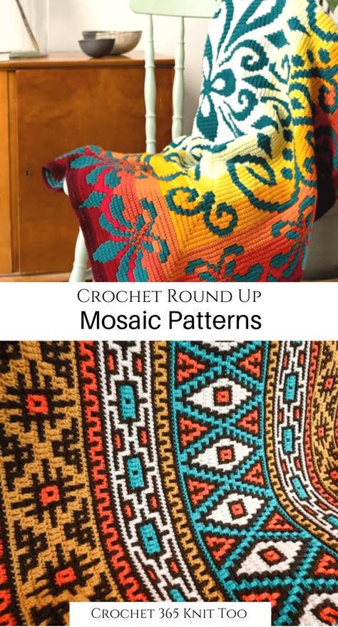 How beautiful are these mosaics? #crochet #crochet365knittoo #crochetpattern #crochetmosaic #crochethomedecor Mosaic Crochet Projects, Moroccan Crochet, Free Mosaic Crochet Blanket Patterns, Mosaic Crochet Blanket Free Pattern, Mosaic Crochet Blanket Patterns, Easy Mosaic Crochet Projects For Beginners, Mosaic Crochet Charts, Free Mosaic Crochet Patterns Free Charts, Crochet Mosaic Blanket Free Pattern