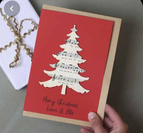 Upcycle Sheets, Sheet Music Crafts, Christmas Tree Card, Simple Christmas Cards, Christmas Card Art, Homemade Christmas Cards, Christmas Tree Cards, Christmas Card Crafts, Tree Cards