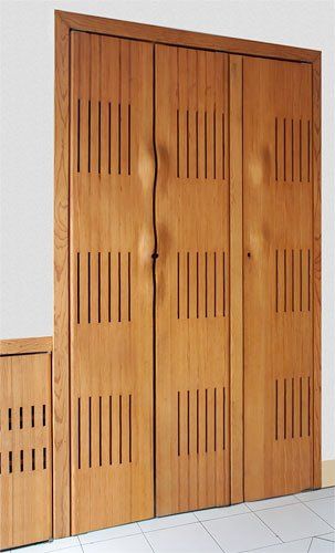 Concave closet door  by Victor Klassen Catamaran Interior, Wood Louver, Louver Design, Kitchen Door Designs, Linen Cupboard, Coat Closet, Indoor Doors, Closet Door, Unfinished Basement