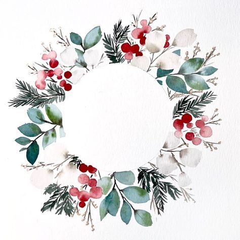 Watercolour Wreath Christmas, Wreath Tutorial Step By Step, Wreaths Tutorial, Christmas Color Schemes, Watercolour Wreath, Hand Painted Christmas Cards, Watercolor Christmas Cards Diy, Painted Christmas Cards, Hand Painted Wine Bottles