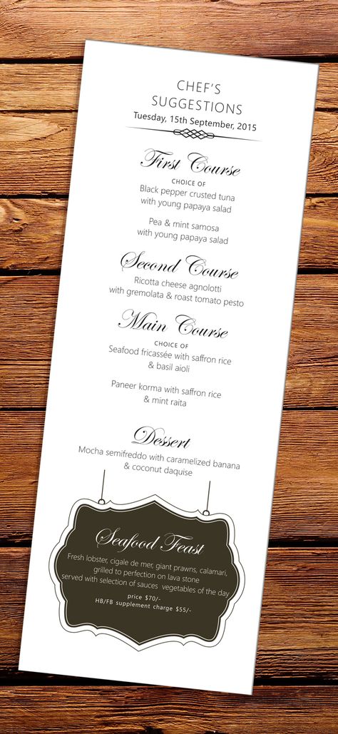 Menu Designed fro the Chef's Special Of the day. Highlighting the "seafood feast" for up-selling purpose //menu //graphic //design Chef Special Menu Design, Menu Graphic Design, Menu Graphic, Basil Aioli, Menu Design Layout, Seafood Feast, Seafood Buffet, Seafood Menu, Saffron Rice