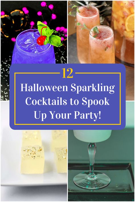 Collage of 4 halloween sparkling cocktails. Halloween Mimosa Recipe, Halloween Drinks Champagne, Halloween Drinks With Champagne, Halloween Champagne Punch, Halloween Spiked Drinks, Halloween Champagne Drinks, Halloween Champagne Cocktails, Halloween Mimosas, Halloween Martini Recipes