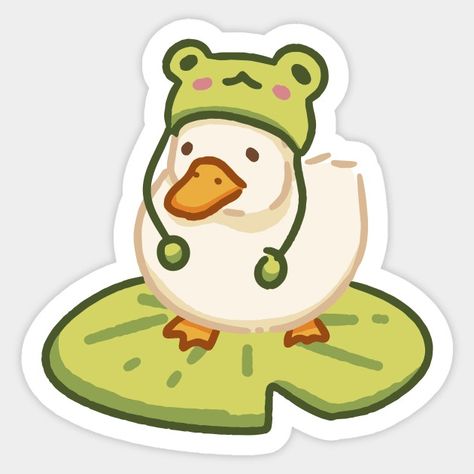 Duck with frog hat - Ducks Funny - Sticker | TeePublic Frog Stickers Aesthetic, Weird Stickers Printable, Cool Sticker Design, Fun Sticker Ideas, Cute Duck Stickers, Fun Stickers Design, Cute Drawings For Stickers, Cute Green Stickers, Simple Sticker Design