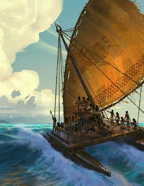 Moana Concept Art, Polynesian Village, Outrigger Canoe, Sailing Art, Polynesian Art, Polynesian Culture, Boat Building, Fantasy Landscape, Moana