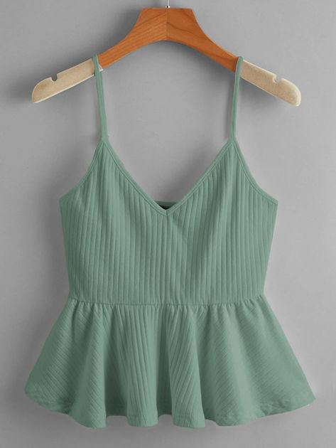 SHEIN Rib-knit Ruffle Hem Cami Top | SHEIN USA Green Cute, Rib Knit Top, Dressy Tank Tops, Women Tank Tops, Aesthetic Shirts, Simple Trendy Outfits, Cute Everyday Outfits, Clothing Hacks, Really Cute Outfits