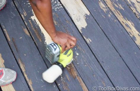 Deck Makeover | See The Gorgeous Before and After - ToolBox Divas Sanding Deck Before Staining, Deckover Before And After, Deck Correct Before And After, Sanding A Deck, Stained Deck, Diy Sanding, Front Porch Deck, Decking Oil, Front Porch Makeover