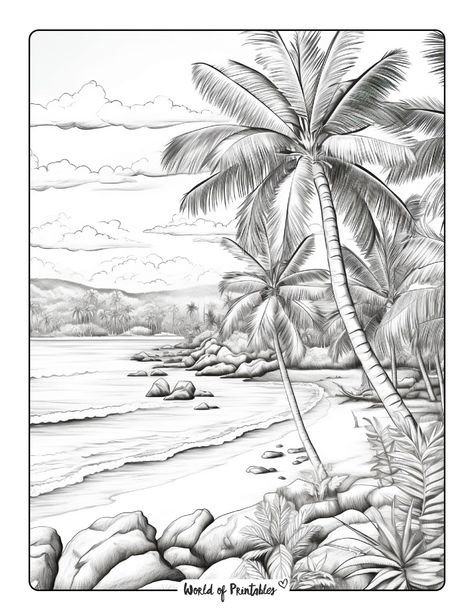 Beach Scene Sketch, Pencil Sketches Landscape, Waterfall Drawing, Beach Sketches, Woodburning Ideas, Beach Coloring Pages, Easy Landscape, Beach Drawing, Life Sketch