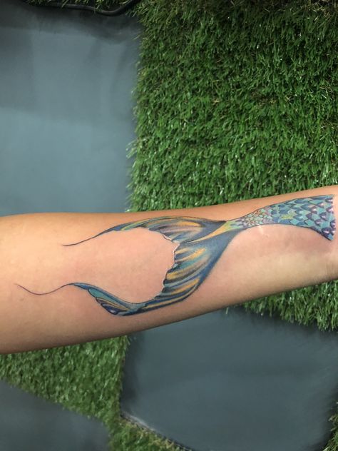 Coloured Mermaid Tattoo, Mermaid Fin Tattoo, Mermaid Tale Tattoo, Mermaid Tattoo Ideas For Women, Watercolor Mermaid Tattoo, Mermaid Tail Tattoo, Mermaid Scales Tattoo, Ocean Sleeve Tattoos, Tail Tattoo