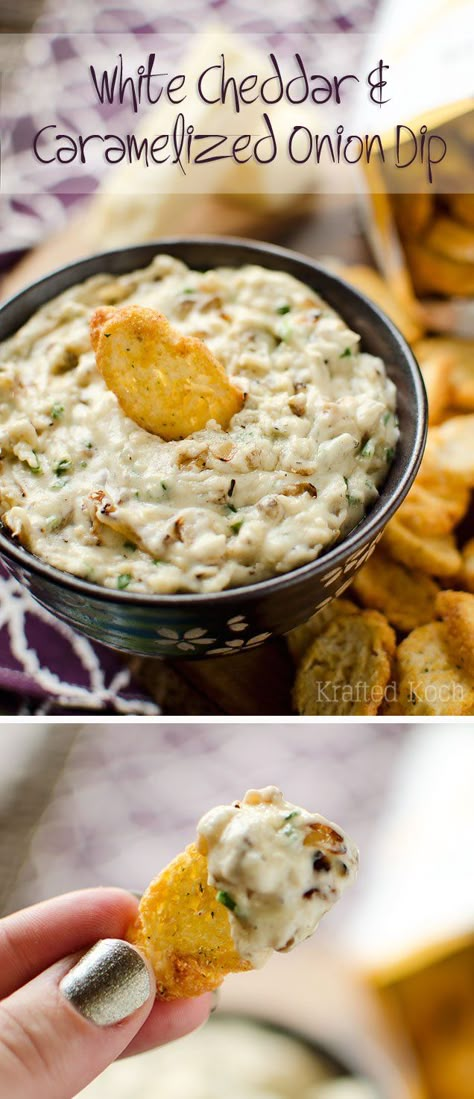 White Cheddar & Caramelized Onion Dip - A flavorful dip recipe loaded with caramelized onions, chives and extra sharp white cheddar for an appetizer everyone will love! Cheddar Dip, Cauliflowers, Caramelized Onion Dip, Cranberry Cream Cheese, Whipped Feta, Party Appetizers Easy, Onion Dip, Snack Dip, Party Dishes