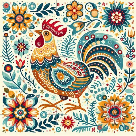 Folk Art Flowers Floral Patterns, Folk Art Chicken, British Folk Art, Swedish Art, Art 2024, Folk Art Birds, Folk Art Illustration, Folk Art Animals, Swedish Flower Hen