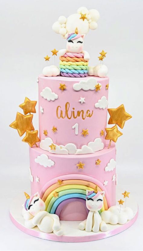 Unicorn And Rainbow Birthday Cake, Pink Birthday Cake For Girls Kids, Unique Unicorn Cake Design, Unicorn Birthday Cake Ideas, Unicorn Cake Design, Cake Designs For Kids, Rainbow Unicorn Cake, Baby Girl Birthday Cake, Baby First Birthday Cake