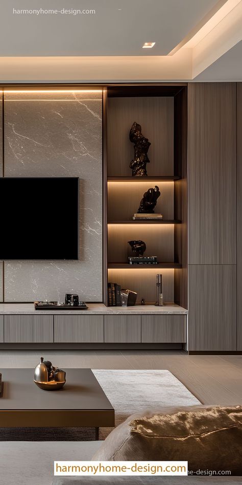 A polished TV wall adds subtle lighting and contrasting materials for visual interest. Tv Unit With Marble, Hall Tv Unit, Timeless Living Room Interior Design, Tv Unit Wall, Timeless Living Room, Living Room Interior Design Ideas, Hall Room, Room Interior Design Ideas, Living Room Hall