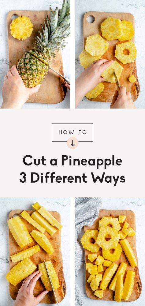 Learn how to cut a pineapple three different ways to use in your favorite sweet and savory recipes! With this step-by-step tutorial, you'll be able to easily and safely cut a pineapple into rounds, long slices and chunks. Tips, tricks and recipe ideas included! #howto #kitchenhack #pineapple Pineapple Kale Smoothie, Cut A Pineapple, Mango Pineapple Smoothie, Fruit Recipes Healthy, Fruit Platter Designs, Cut Pineapple, Pretzel Salad, Diy Food Gifts, Ambitious Kitchen