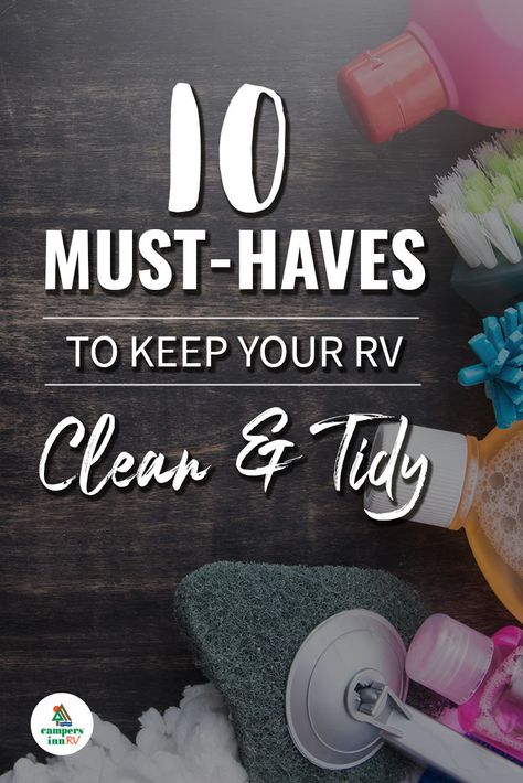 Interior and exterior RV cleaning supplies. #rv #camping #cleaning Camper Cleaning Supplies, Cleaning Camper Interior, Storing Cleaning Supplies, Rv Cleaning, Luxury Fifth Wheel, Camper Organization, Rv Bathroom, Trailer Decor, Rv Organization