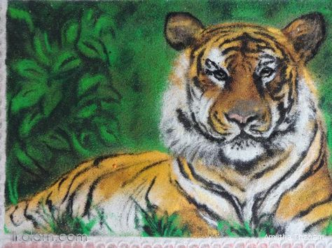 Tiger Rangoli Design, Tiger Rangoli, Animal Rangoli, Realistic Rangoli, Rangoli Free Hand, 3d Rangoli, Rangoli Designs For Competition, Poster Rangoli, Diya Rangoli