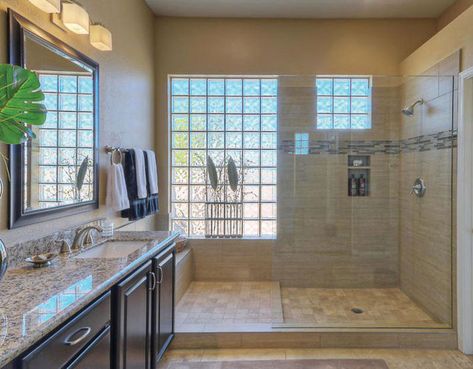 Shower With Block Window, Glass Block Window Bathroom, Bathroom Shower Remodel Ideas Walk In, Walk In Bathroom Showers, Brick Bathroom, Glass Block Windows, Glass Brick, Large Shower, Bathroom Windows