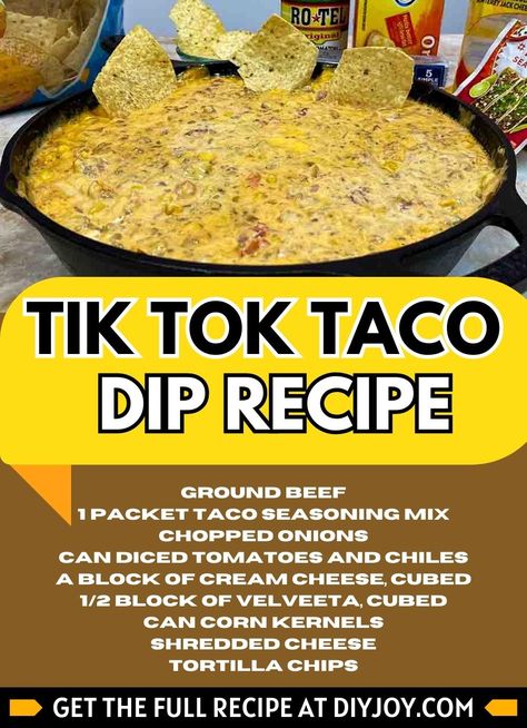 Taco Chip Dip, Tik Tok Food, Party Appetizer Dips, Baked Dips, Taco Dip Recipe, Meal Planning Menus, Delicious Dips Recipes, Taco Dip, Homemade Sauce Recipes