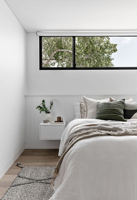 Natural timbers and whites contrast to create a bright, clean aesthetic in this contemporary family home inspired by the Greek islands. Cosy Winter Bedroom, Winter Bedroom Ideas, Minimalist Mediterranean, Winter Bedroom, Backyard Cottage, Homes To Love, V Groove, Comfortable Space, Cosy Winter