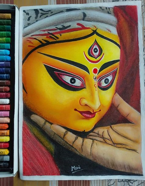 Ma Durga Drawing Oil Pastel, Durga Mata Face Drawing, Durga Maa Pictures Drawing, Durga Painting Artworks Pencil, Ma Durga Painting Easy, Durga Ma Drawings, Durga Maa Paintings Face, Mata Ji Drawing, Durga Maa Easy Drawing