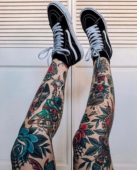 Traditional Old School Tattoos on Instagram: “Model: @annaxmeliani ... ... ... ... #traditionalartist #traditionaltattoo #skinart_traditional #legtattoo #brightandbold #whipshaded…” Leg Sleeves For Females Traditional, Neotraditional Tattoo Leg Sleeve, Neo Traditional Tattoos Leg, Full Knee Tattoo, Tattooed Legs Women, Leg Sleeve Female, Traditional Leg Sleeve Women, Traditional Tattoos Leg Sleeve, Traditional Style Tattoo Sleeve