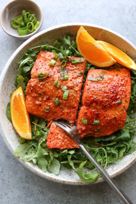 Baked Salmon with Spicy Citrus Dressing • Hip Foodie Mom Citrus Dressing Recipe, Roasted Salmon Recipes, Sweet Red Chili Sauce, Grilled Cod, Oven Roasted Salmon, Red Chili Sauce, Citrus Dressing, Healthy Salmon, Baked Salmon Recipes