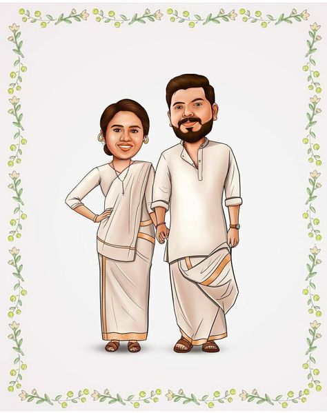 Kerala Traditional Marriage Dress Kerala Wedding Cartoon, Kerala Traditional Dress Illustration, Couple Wedding Cartoon Without Face, Kerala Couple Cartoon, Traditional Marriage Dress, Caricature Templates, Marriage Poses, Ring Cartoon, Cartoon Wedding Invitations