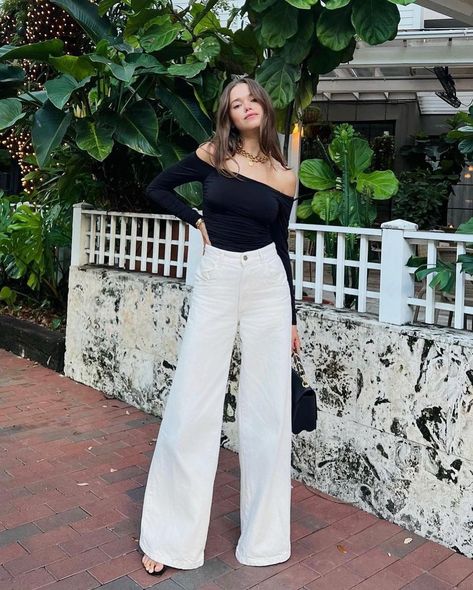 Chic Feminine Style, Womens Lounge Set, Valeria Lipovetsky, Instagram Pro, Black Off Shoulder Top, Aerin Lauder, White Pants Outfit, White Wide Leg Pants, Black Off Shoulder