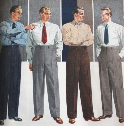 1943-1944 High waisted and pleated pants were worn during this time period. Collars on shirts were flat and men still wore oxfords.  (Allison G.) Mens Wide Leg Pants, 1940s Mens Fashion, 1950s Mens Fashion, Maltese Falcon, Look 80s, Divine Intervention, 1950s Mens, Vintage Mens Fashion, 40s Fashion