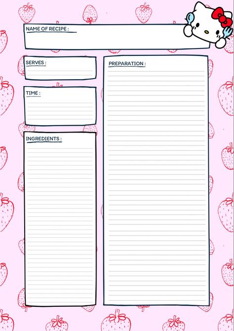 Recipe card digitaltracker Kawaii Menu Template, Hello Kitty Card Template, Hello Kitty School Schedule, Sanrio Checklist, Pink List Template, Hello Kitty To Do List Printable, Hello Kitty Checklist, Kawaii Recipe Cards, Hello Kitty Digital Planner