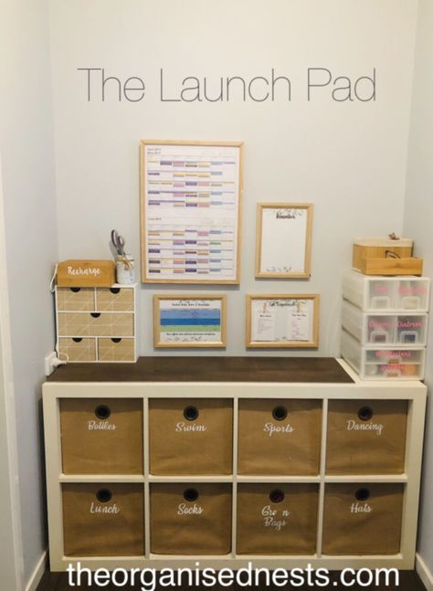 The Launch Pad – A peek into our Mud Room.  #homeorganisation #mudroom #organization #homeorganization #mumlife Launch Pad Ideas Entry Ways, School Bag Organization, Ikea Kallax Unit, Mudroom Organization, Mini Office, Launch Pad, Kallax Ikea, Smart Life, Organization Inspiration