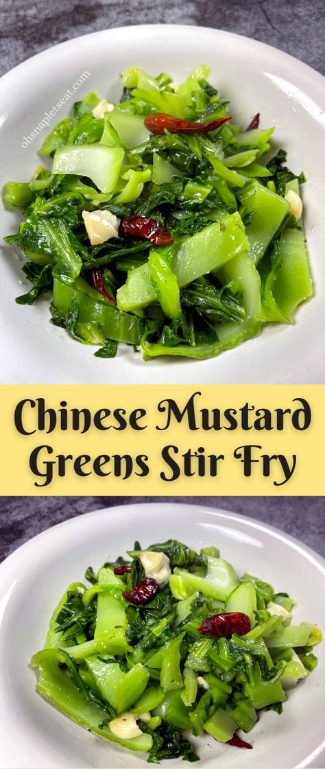 This Chinese Mustard Greens Stir Fry shows you how to make tender Chinese Mustard Greens stir fried with smashed garlic. We also enjoy adding dried red peppers to add an extra flavorful kick to the dish. #ohsnapletseat Red Mustard Greens Recipe, Chinese Mustard Greens Recipe, Vegetable Dishes Recipes, Chinese Mustard, Best Lunch Recipes, Vegan Chinese, Mustard Recipe, Asian Beef, Authentic Chinese Recipes