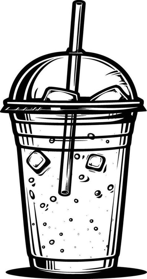 Drink Vector, Black Line Drawing, Ice Drink, Ice Cup, Iced Drinks, Black Line, Plastic Cup, Line Drawing, Vector Art