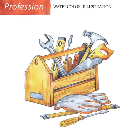 Art Tools Illustration, Vinyl Hardwood Flooring, Craft Illustration, Hand Painted Wooden Box, Work Illustration, Wooden Tool Boxes, Painted Wooden Boxes, Hobby Craft, Carpenter Tools