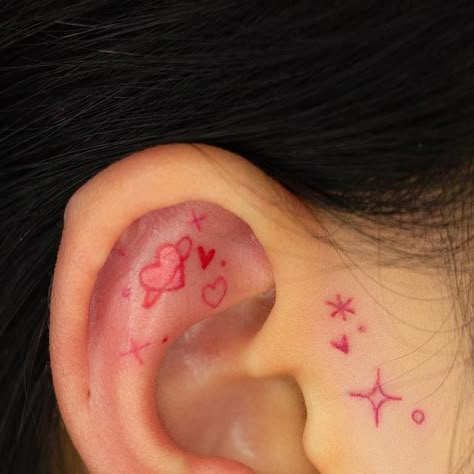 Pink Small Tattoos, Pink Face Tattoo, Pink Line Tattoo, Heart Ear Tattoo, Face Heart Tattoo, Red Face Tattoo, Hot Pink Tattoo, Heart Neck Tattoo, Arm Tattoos For Women Sleeve