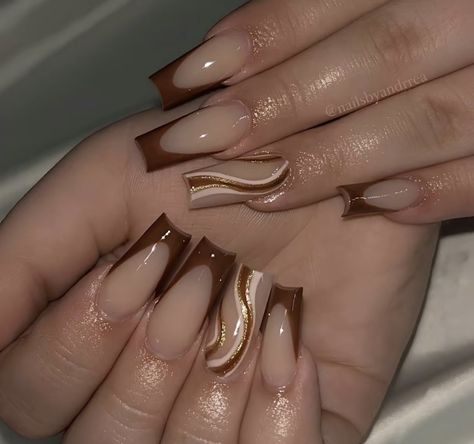 Brown Coffin Nails, Glitter Fall Nails, Nude French Tip Nails, Beige Nail Designs, Beige Nails Design, Tan Nails, Acrylic Nails Nude, Brown Acrylic Nails, Brown Nails Design