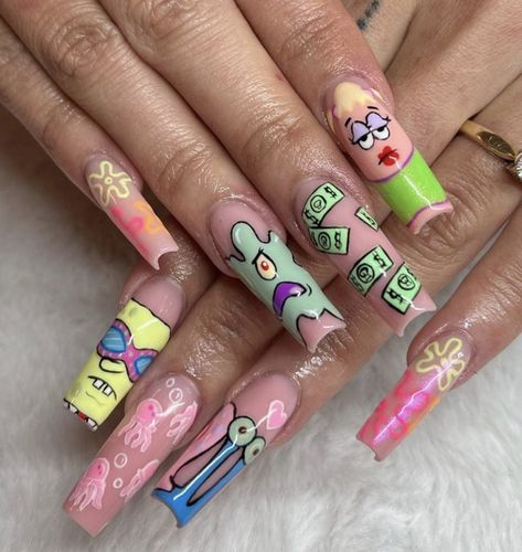 Acrylic Nail Designs Character, Amazing World Of Gumball Nail Art, Cartoon Acrylic Nail Designs, Nail Art Designs Character, Family Guy Nails, Nail Themes Ideas, Easy Character Nails, Spring Nail Sets 2024, Character Nails Acrylic